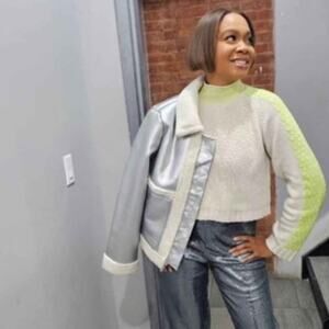 A New Day Metallic Shearling Moto Jacket silver Sherpa coat NEW